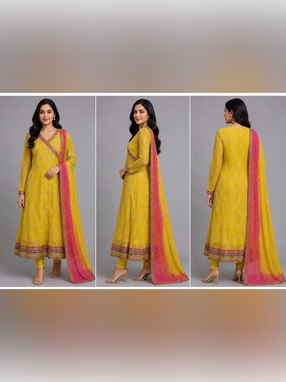 Yellow Anarkali Dress with Pink Dupatta - Elegant Women's Ethnic Wear